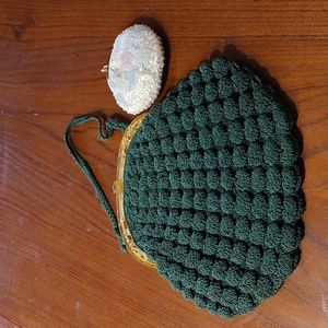 Vntg 1930's Crocheted Purse w/ Plastic frame COOLEST Latch & Beaded Change Pouch
